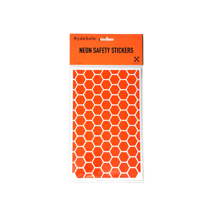 RydeSafe large hexagon bike safety decals in eye-catching fluorescent orange, providing enhanced visibility for bikes and helmets.